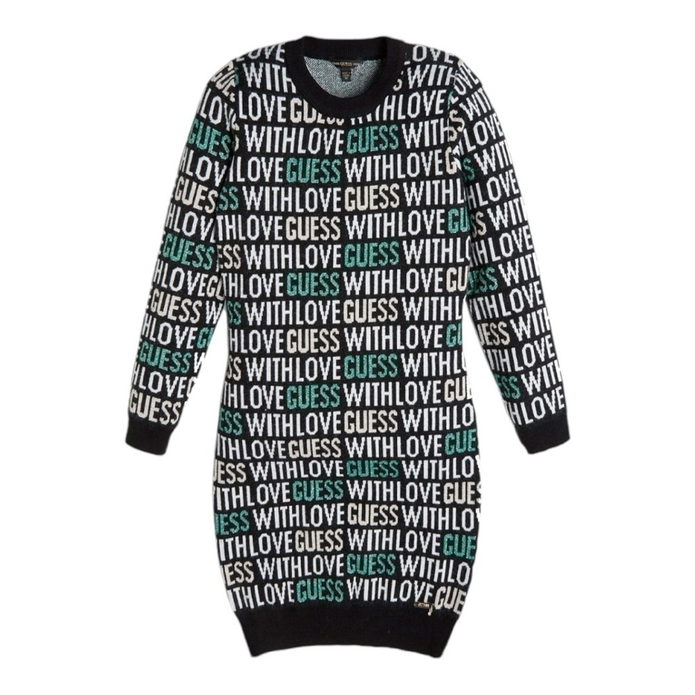 Guess Sweater Dress Logo Spell Out Black White Green With Glitter Sz 14 - Picture 3 of 9